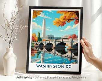 Washington DC Travel Print | Capitol Monument Bridge Poster | Retro Wall Art | Wall Hanging for Home or Office Decor | Housewarming Gift