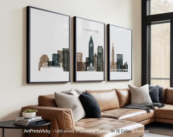 Cleveland 3 Piece Wall Art Prints, Cleveland Skyline Poster Set | ArtPrintsVicky