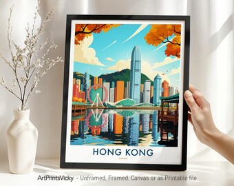 Hong Kong Travel Poster | Skyline Wall Art Print | Modern Cityscape Illustration for Home Decor or Gift
