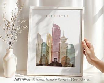 Vancouver poster, watercolor skyline print, Canada cityscape wall art, Travel poster, City print, Travel gifts, Office decor