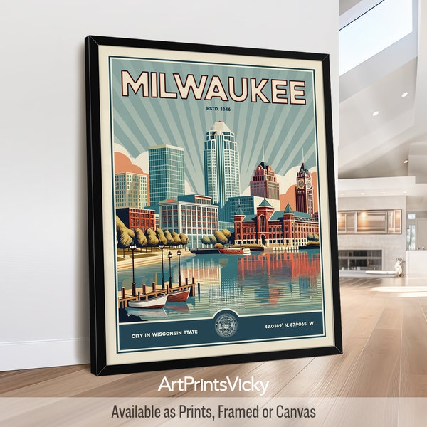 Milwaukee art print | Wall Art poster in Retro Style | Decor for Home and Office | Personalised Gift | ArtPrintsVicky