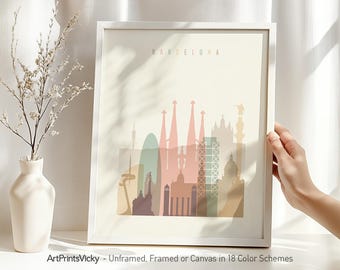 Barcelona Poster Wall Art - Skyline Pastel City Print - Framed & Canvas - Home and Office Decor - Travel Gifts | ArtPrintsVicky