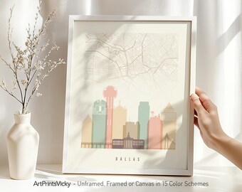 Dallas Map & Skyline Art Print in Pastels | ArtPrintsVicky