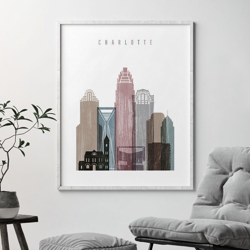 Charlotte art print poster Charlotte NC skyline Wall art Etsy