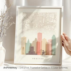 Houston Map & Skyline Print in Warm Pastels | ArtPrintsVicky