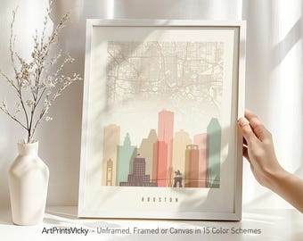 Houston Map & Skyline Print in Warm Pastels | ArtPrintsVicky