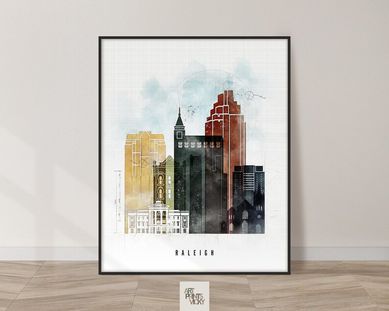 Raleigh NC Skyline Print Poster Raleigh Wall Art Cityscape - Etsy