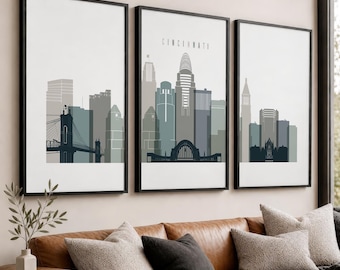 Cincinnati 3 Piece Wall Art Prints, Ohio Skyline Poster Set