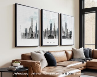 New York City 3 Piece Wall Art Prints, New York Skyline Poster Set | ArtPrintsVicky