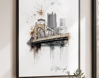 Pittsburgh Print, Skyline Poster, Drawing Cityscape Wall Art, Home Decor, Travel Gifts