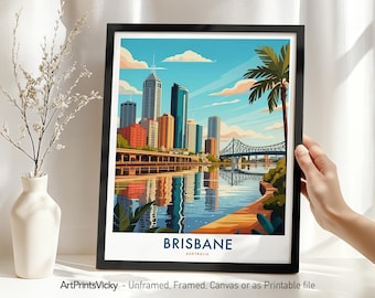 Brisbane Poster – Australia | Brisbane Print Wall Art | Riverfront Skyline Illustration | Framed Travel Poster Home Decor