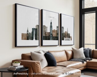 Lincoln Nebraska 3 Piece Wall Art Prints, Lincoln Skyline Poster Set | ArtPrintsVicky