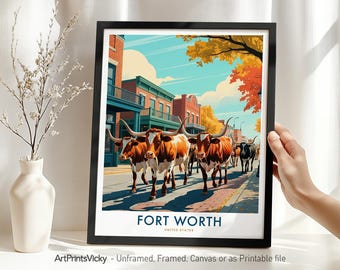 Fort Worth TX Travel Print | Texas Longhorns Cattle Poster | Western Architecture Wall Art Decor for Home Office