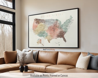 United Staes of America Map Poster, USA Framed Print, US Detailed Canvas Art, States Wall Art | ArtPrintsVicky