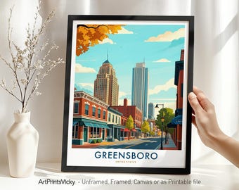 Greensboro NC Travel Print Wall Art, Greensboro Poster Skyline, Wall Hanging Cityscape Art, Modern City Home Office Decor, Housewarming Gift
