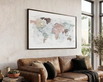 World Map Wall Art, Large Map Poster Framed or Canvas Print, Personalized Travel Decor