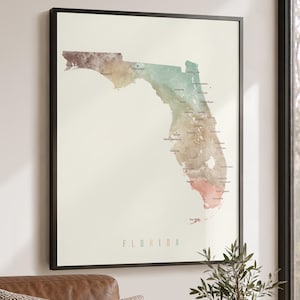 Florida Map Poster, Watercolor Wall Print, Wrapped Canvas, Wooden Frame, Multiple Sizes