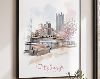Pittsburgh Wall Art Print, Poster Skyline Artwork, Pittsburgh Decor, Gift