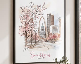 St. Louis Watercolor Art Print, Poster Skyline Drawing, Travel Home Decor