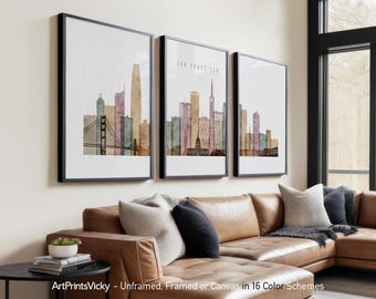 San Francisco 3 Piece Wall Art Prints, San Francisco Skyline Poster Set | ArtPrintsVicky