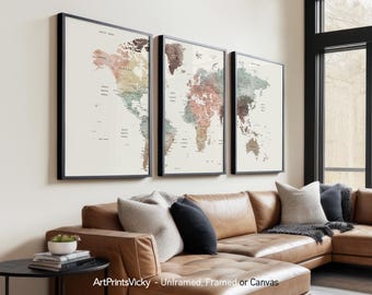 World Map 3 Piece Wall Art Prints, World Map Poster Set | ArtPrintsVicky