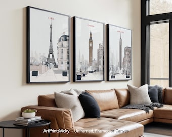 3 Piece Wall Art Prints of New York, London and Paris | Skyline Poster Set | Home or Office Decor | ArtPrintsVicky
