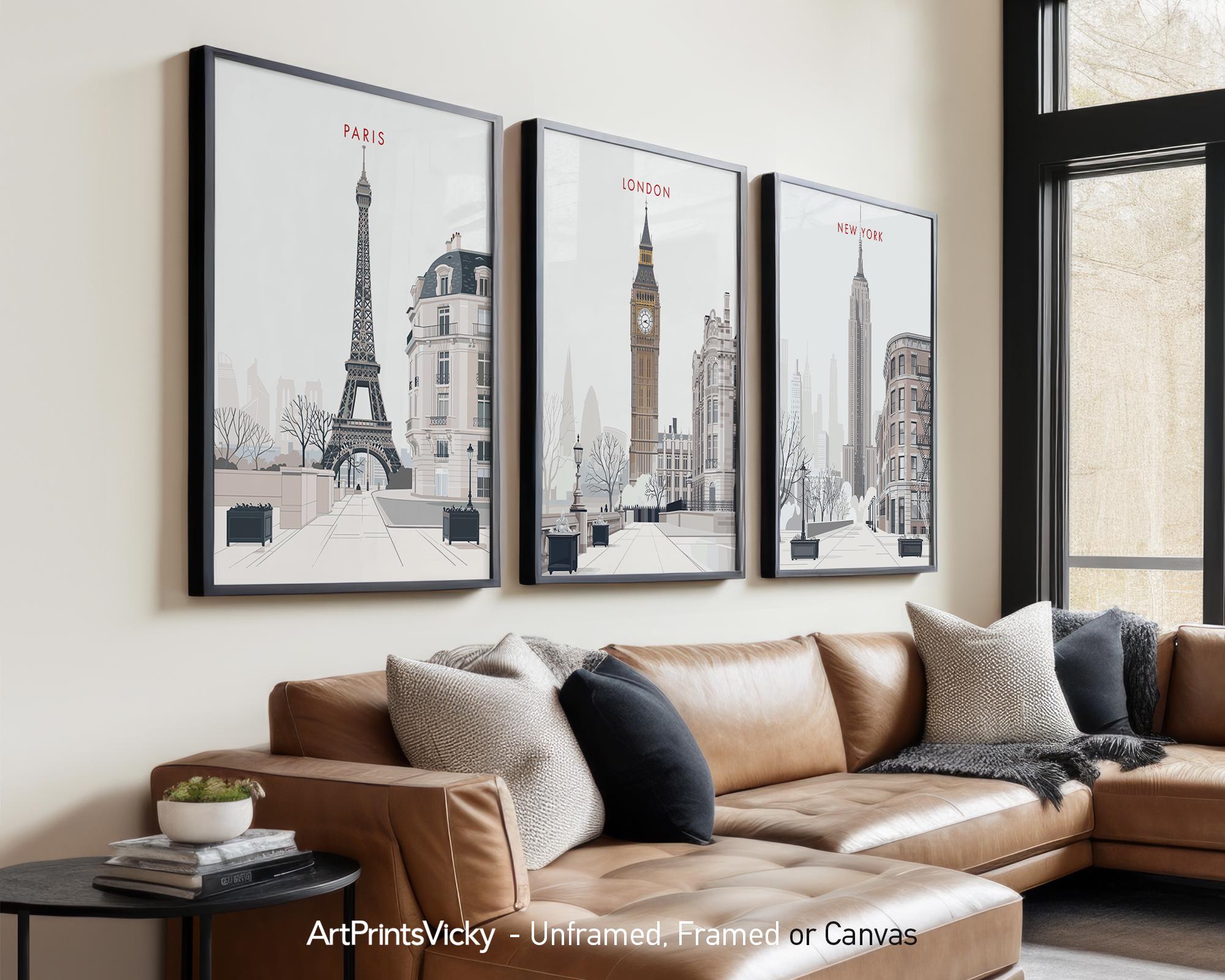New York, London, Paris 3 Piece Wall Art Prints, Cityscapes Poster