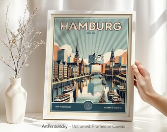 Hamburg Travel Poster - Germany | Wall Art Print in Retro Style for Home or Office decor | Cityscape Personalized Gifts | ArtPrintsVicky