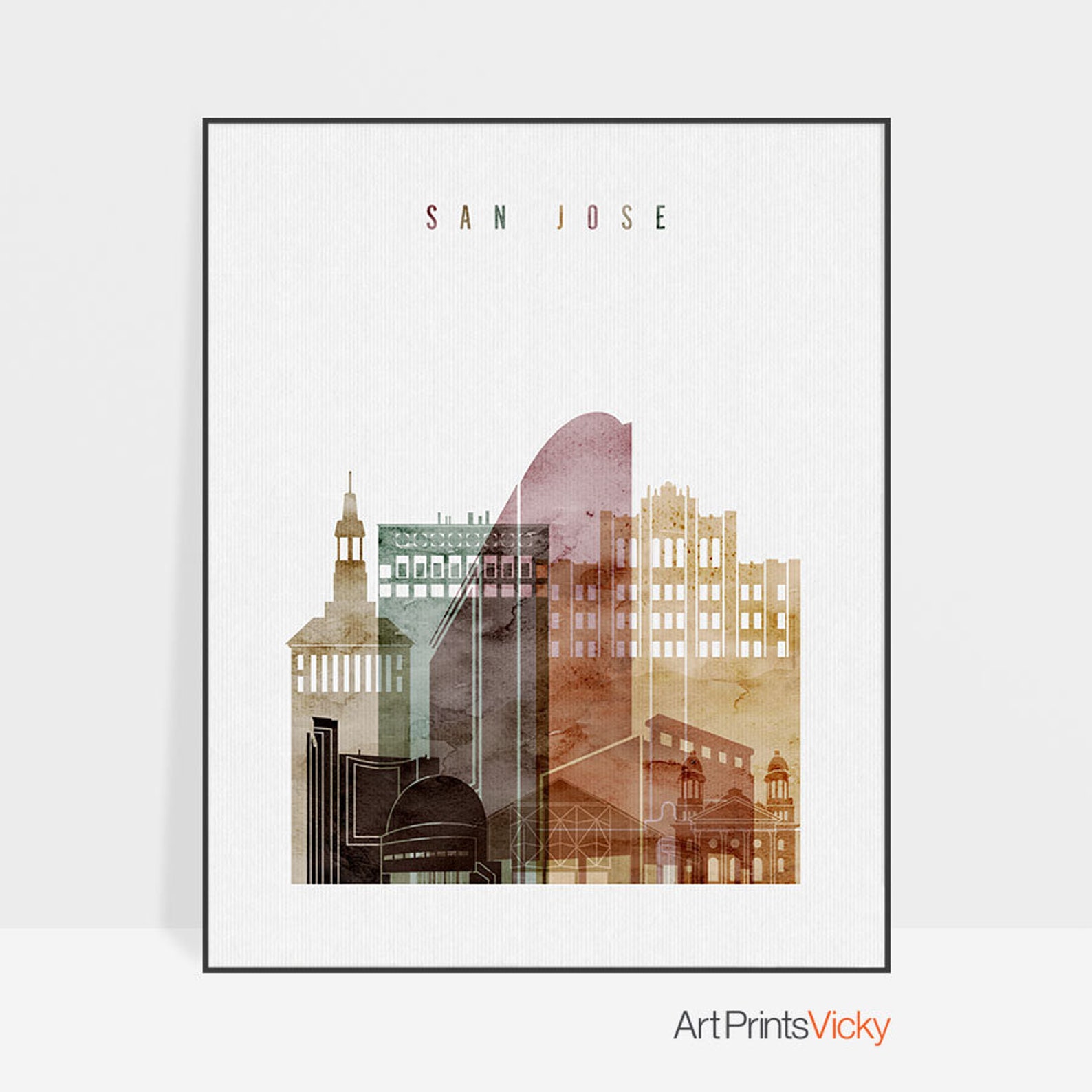 San Jose poster Wall art San Jose watercolor skyline print Etsy