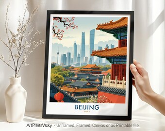 Beijing Travel Print – China, Beijing Skyline Poster, Cityscape Illustration for Home Office Decor or Gift