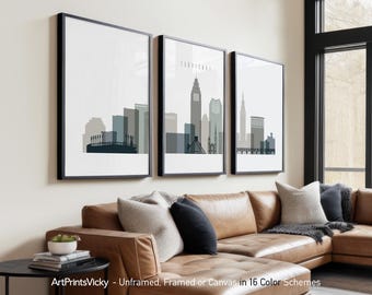 Cleveland 3 Piece Wall Art Prints, Cleveland Skyline Poster Set | ArtPrintsVicky