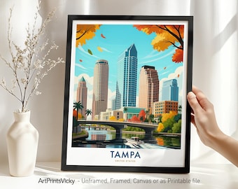 Tampa Florida Travel Print, Tampa Skyline Poster, Cityscape Wall Art, Wall Hanging Decor for Home or Office, Housewarming Gift