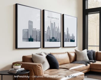 Philadelphia 3 Piece Wall Art Prints, Philadelphia Skyline Poster Set | ArtPrintsVicky