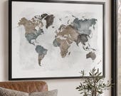 World Map Wall Art, Watercolor Poster, Personalised Print, Home Office Decor