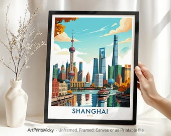 Shanghai Skyline Travel Poster – China, Shanghai Print, Cityscape Wall Art for Home Decor, Wall Hanging, Housewarming Gift