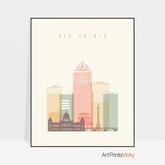 Des Moines Skyline Art Des Moines Poster Wall Art Iowa Etsy