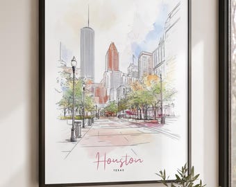 Houston Wall Art Print, Texas Landscape Waterolor, Houston Decor Gift