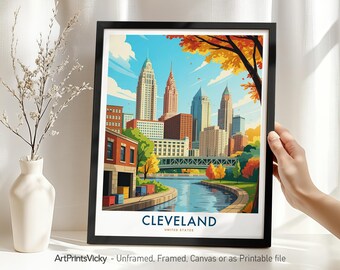 Cleveland Travel Poster - Ohio, Cleveland Skyline Art Print, Cityscape Wall Art Decor, Travel Gift