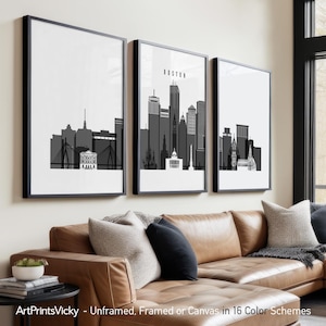 Boston 3 Piece Wall Art Prints, Boston Skyline Poster Set | ArtPrintsVicky