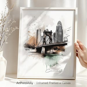 Cincinnati city wall art print | Cincinnati skyline poster drawing | Cincinnati OH Architecture Illustrations | ArtPrintsVicky