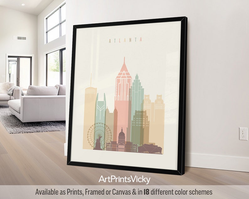 Atlanta Modern City Wall Print in Warm Pastels, Vertical, Framed, Unframed or Canvas | ArtPrintsVicky