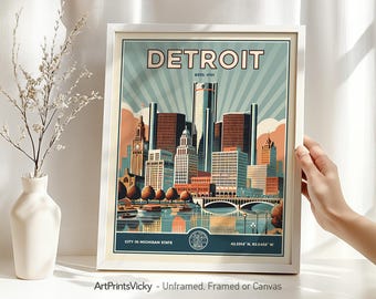 Detroit Travel Poster | Print in Retro style | Michigan city skyline | Personalised Gift | Home or Office Decor | ArtPrintsVicky
