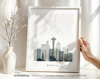 Seattle Map with Cityscape Poster Framed, Unframed or Canvas in 15 Colour Schemes