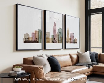 Cleveland Set of 3 Wall Art Posters Framed, Unframed or Canvas in 16 Colour Schemes