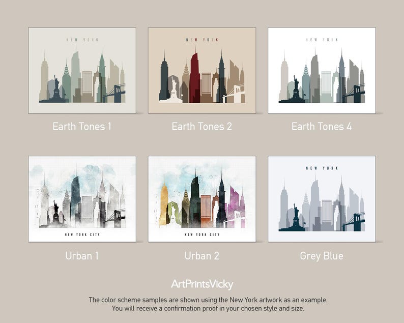 a set of four art prints of the city skylines