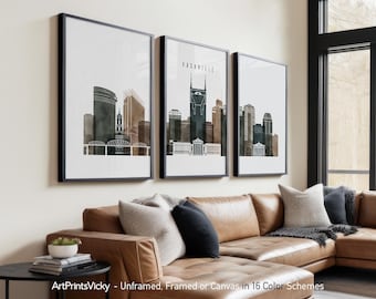 Nashville 3 Piece Wall Art Prints, Nashville Skyline Poster Set | ArtPrintsVicky