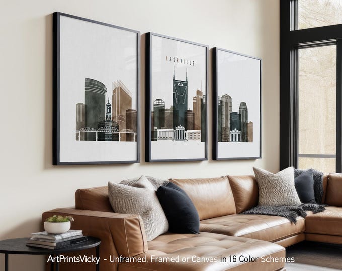 Featured listing image: Nashville 3 Piece Wall Art Prints, Nashville Skyline Poster Set | ArtPrintsVicky
