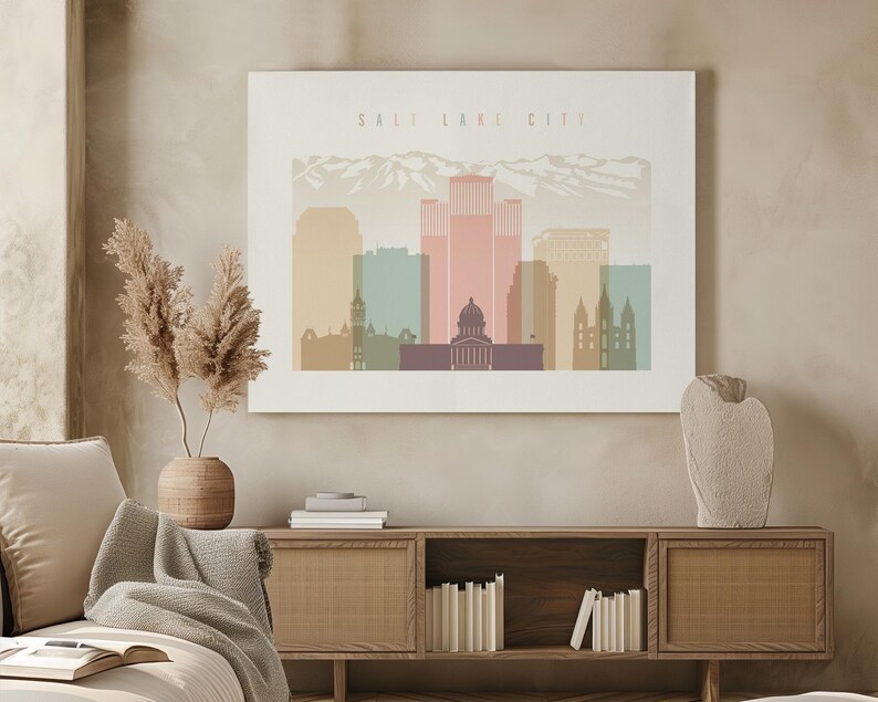 Salt Lake City Minimalist Print in Warm Pastels, Landscape, Framed, Unframed or Canvas | ArtPrintsVicky