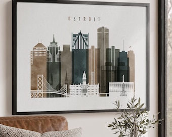 Lámina decorativa de Detroit, póster del horizonte de la ciudad, decoración de viaje a Michigan.