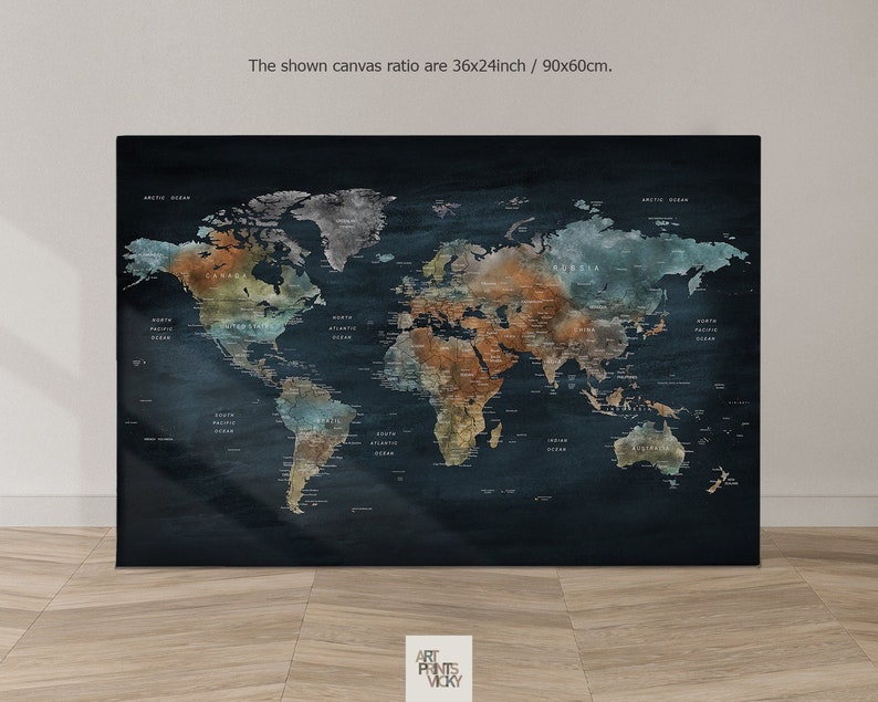 World Map Canvas World Map Detailed Canvas Print Map Canvas Etsy